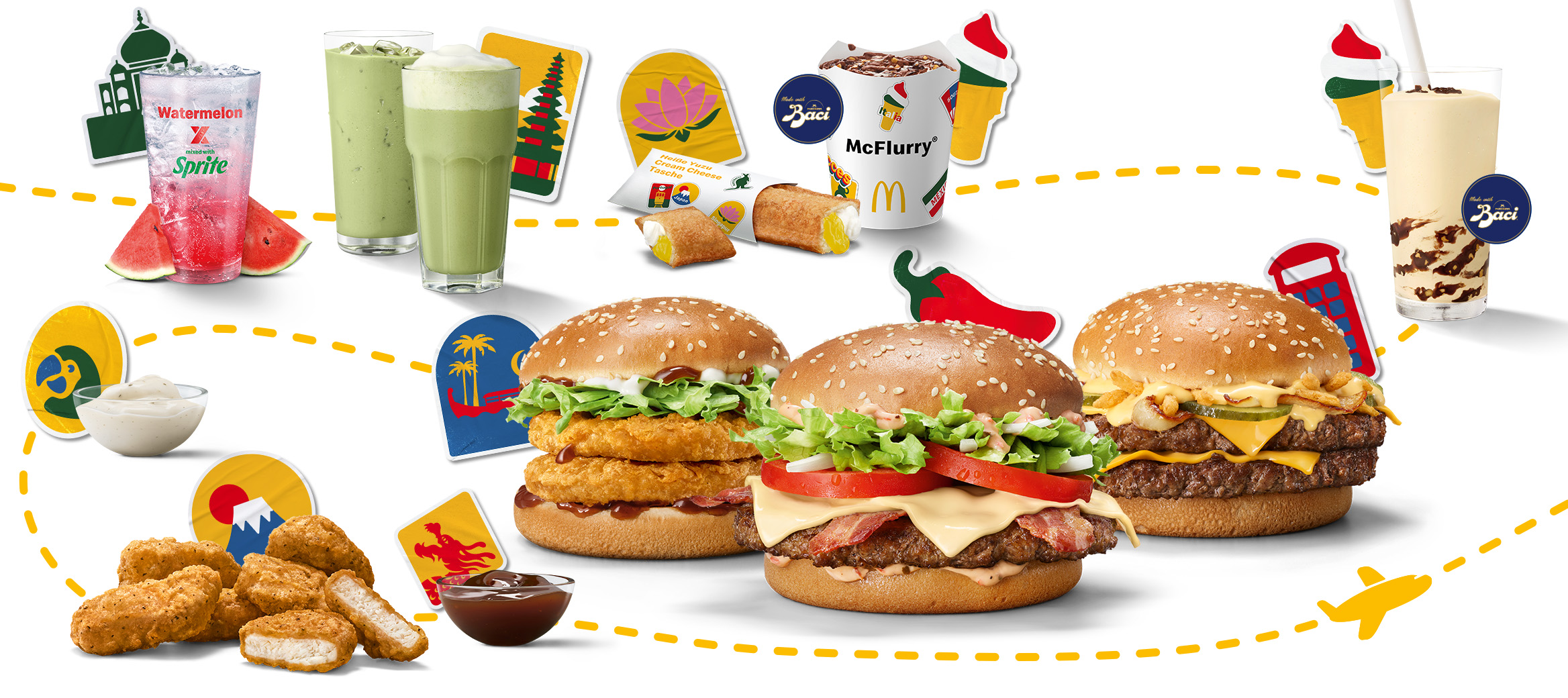 Hamburger Royal Maple BBQ & Bacon aus Kanada, Chicken Samurai aus Malaysia, Garlic Pepper Chicken McNuggets aus Japan, Grimace Shake aus dem McDonaldland und McFlurry® Mango Bobas aus China