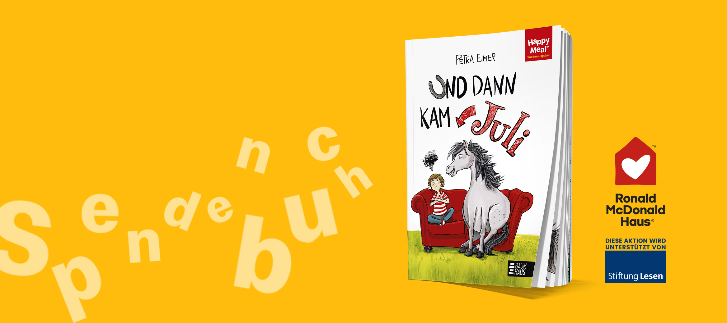 Spendenbuch Cover von ,,Und dann kam Juli'' vor gelbem Hintergrund.