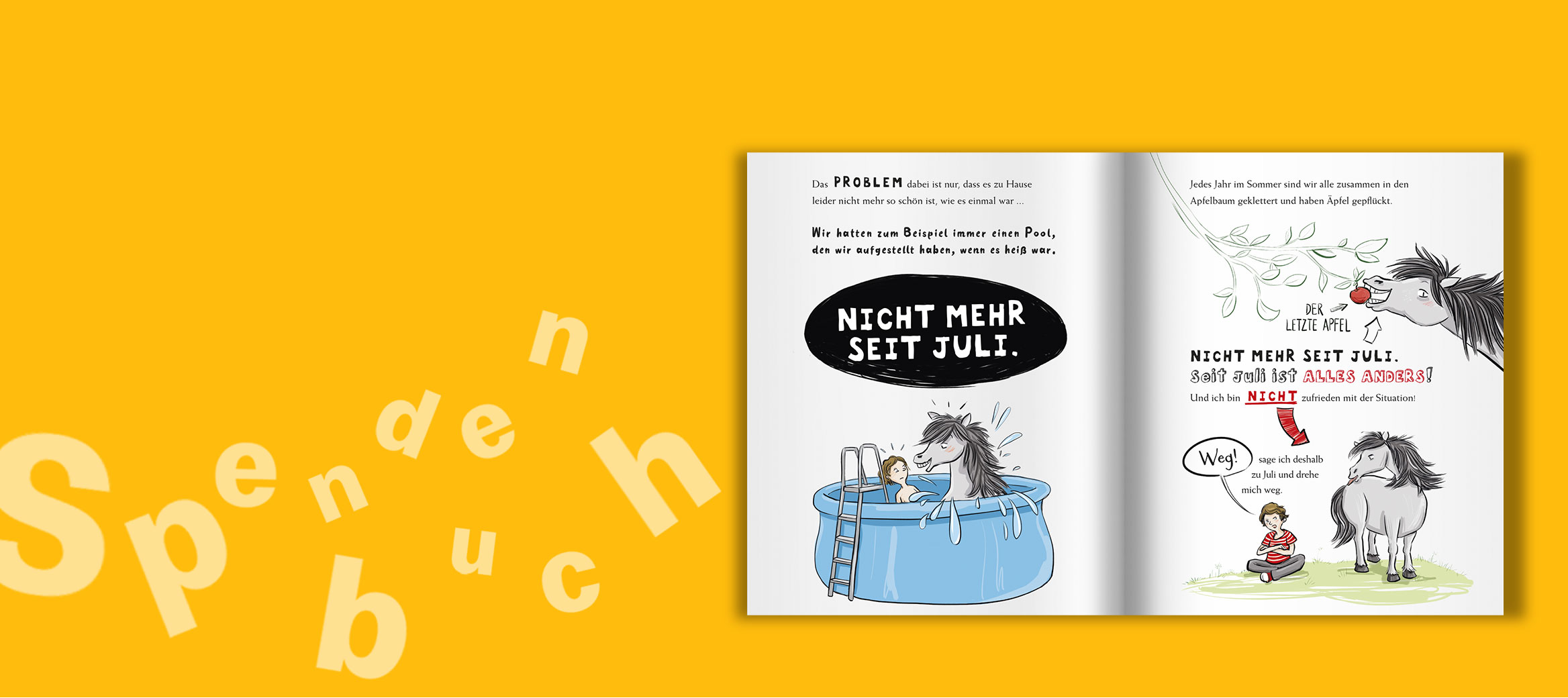 Innenseiten von dem Spendenbuch ,,Und dann kam Juli" vor gelbem Hintergrund.