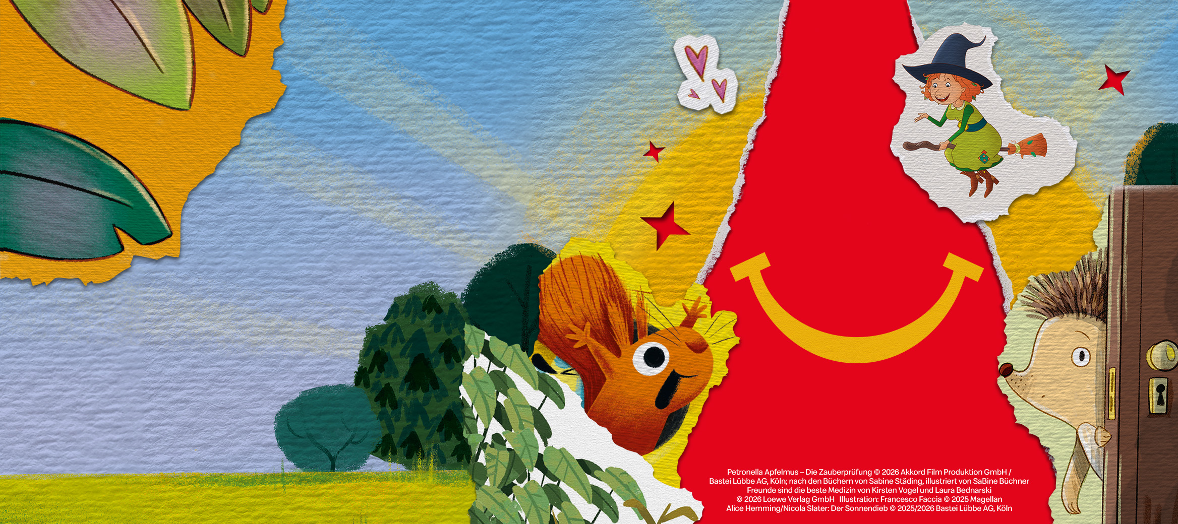 Werbegrafik für das McDonald's Happy Meal. Um den  Happy Meal® Smile befinden sich in Papier-Collagen-Optik illustrierte Buch-Charaktere wie Petronella Apfelmus & ein Eichhörnchen.