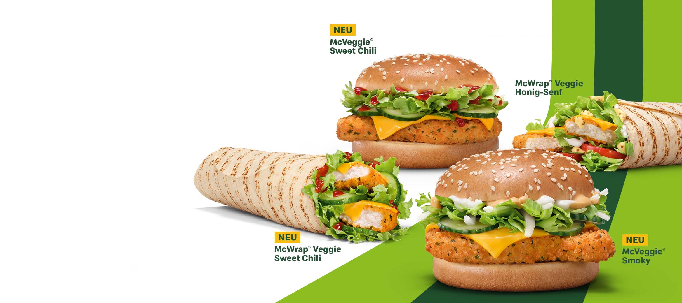 Vegetarische Produktauswahl mit dem McVeggie® Smoky Burger, dem McVeggie® Sweet Chiilli, sowie McWrap® Veggie Sweet Chili und Honig-Senf.hili