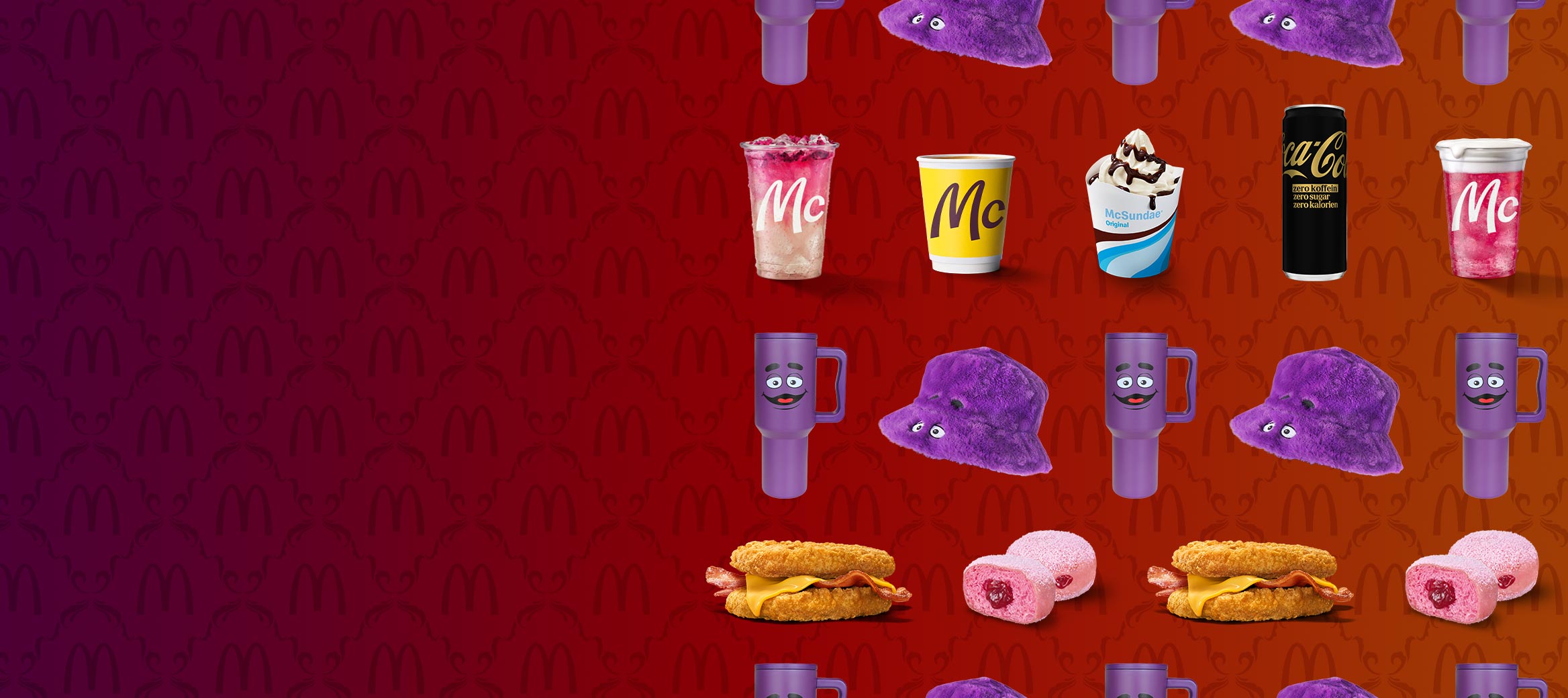 Prämienbeispiele wie der Chicken Chicken Stack, Grimace Tumbler oder Grimace Bucket Hat, McPops® Berry Bomb oder Coca-Cola Zero Sugar Zero Koffein.