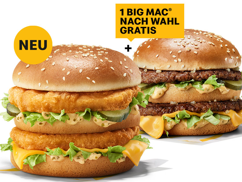 App Caption Abgebildet ist der neue Chicken Big Mac® + ein Big Mac®. Text: 1 Big Mac® nach Wahl gratis
