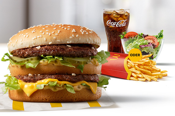 Abbildung des McMenü® mit Big Mac, große Pommes oder Snack Salad, großer Coca-Cola.