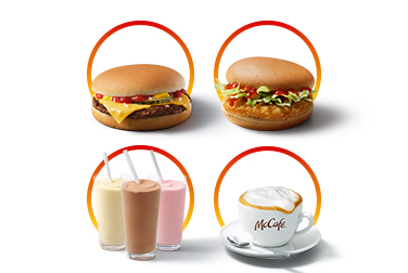 Cheeseburger, Chickenburger, Heißgetränk Regular, Milchshake Regular deiner Wahl