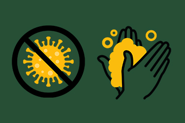 Grafik: Durchgestrichenes Virus-Symbol neben sich waschenden Händen