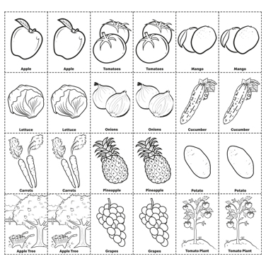 Snap! Cut out and colour in all the fruit and veg cards to see who can match up the pairs the fastest!