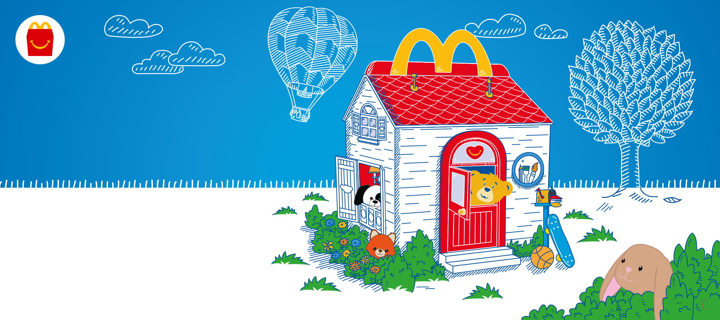 Build-A-Bear in a Happy Meal box style house, with a blue sky background with illustrated air balloons and a white floor