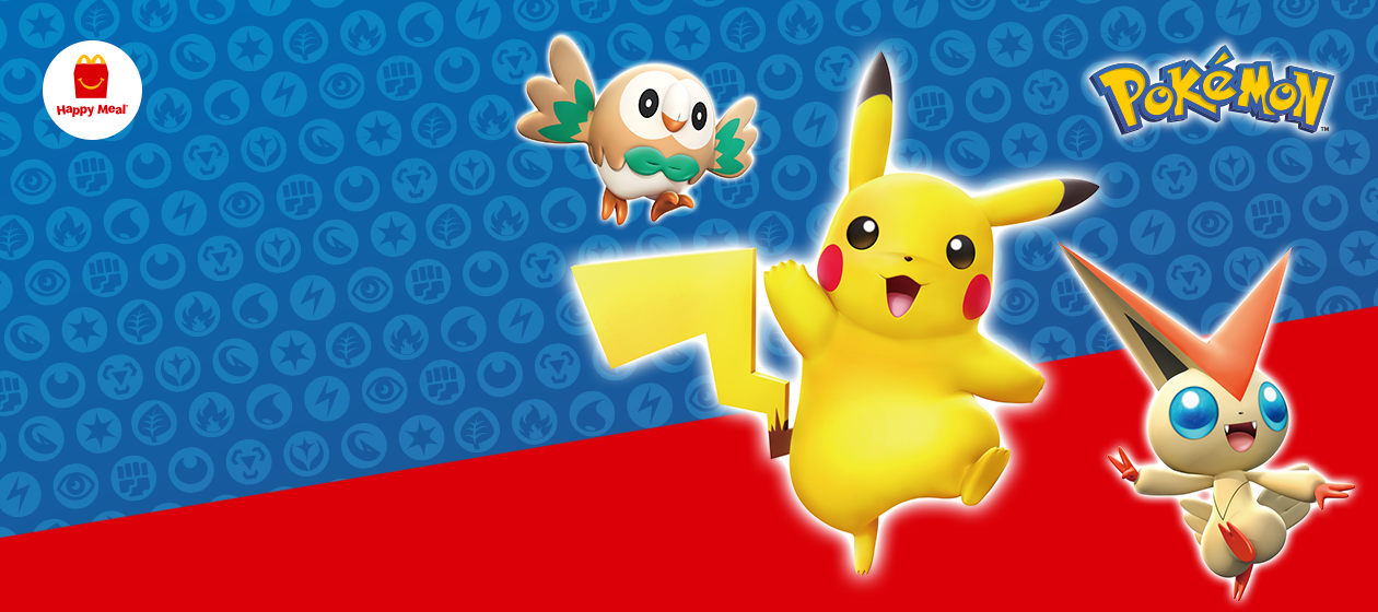 Rowlet, Victini and Pikachu banner.