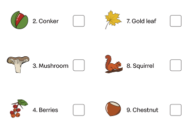 Conker, Gold leaf, Mushroom, Squirrel, Berries, Chestnut with boxes to be ticked