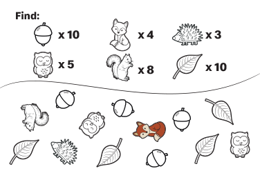 Animals, leaves and acorns on a valley. 