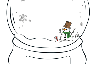 A snow globe with a snowman inside and snow.