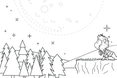 A wolf character howling at the sparkling Moon on a forest. 