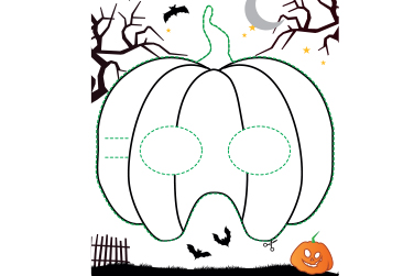 A pumpkin mask on a field with a pumpkin, bats, the Moon and spooky trees.