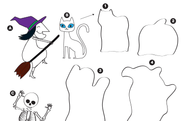 A cat, a witch, a skeleton, a ghost, and their shapes. 