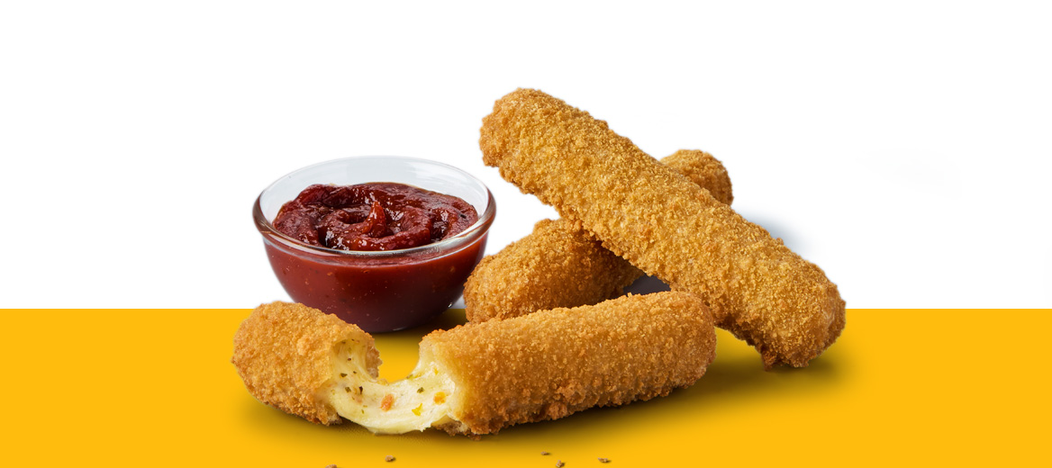 Golden mozzarella dippers arranged beside a small bowl of rich marinara dip, with one dipper pulled apart to show melted cheese.