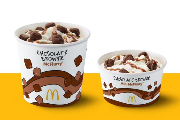 Chocolate Brownie McFlurrys on a yellow shelf