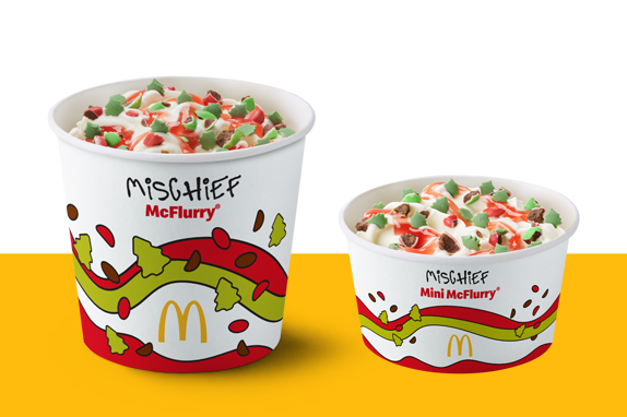 Mischief McFlurry on a yellow shelf