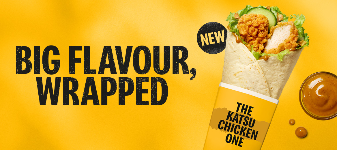 The Katsu Chicken One Wrap on a yellow background