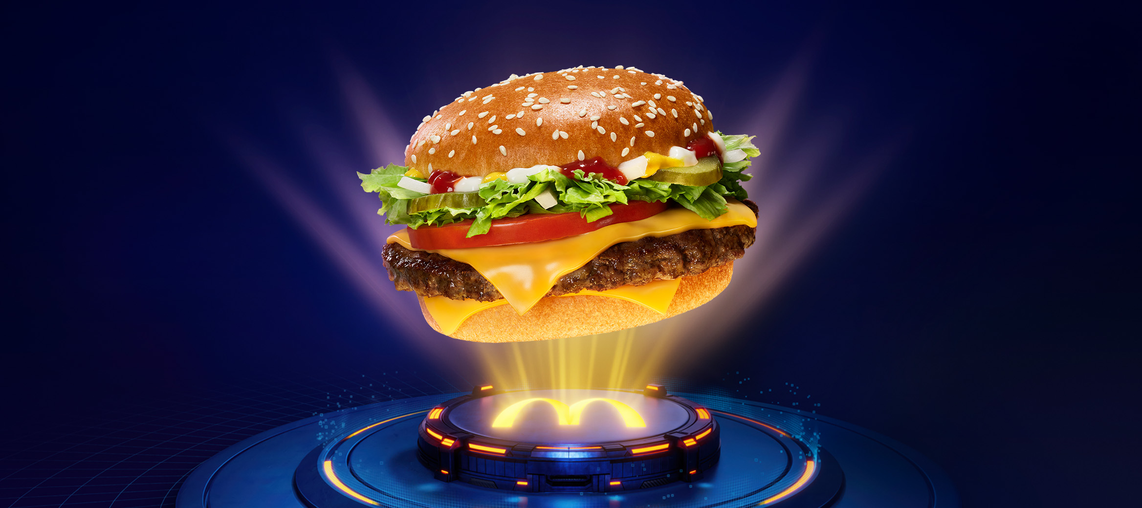 Open box of Black Pepper & Garlic McNuggets featuring Halo branding, floating above a glowing McDonald's platform. Golden McNuggets are visible inside the blue pack, illuminated by beams of light against a futuristic dark blue background.