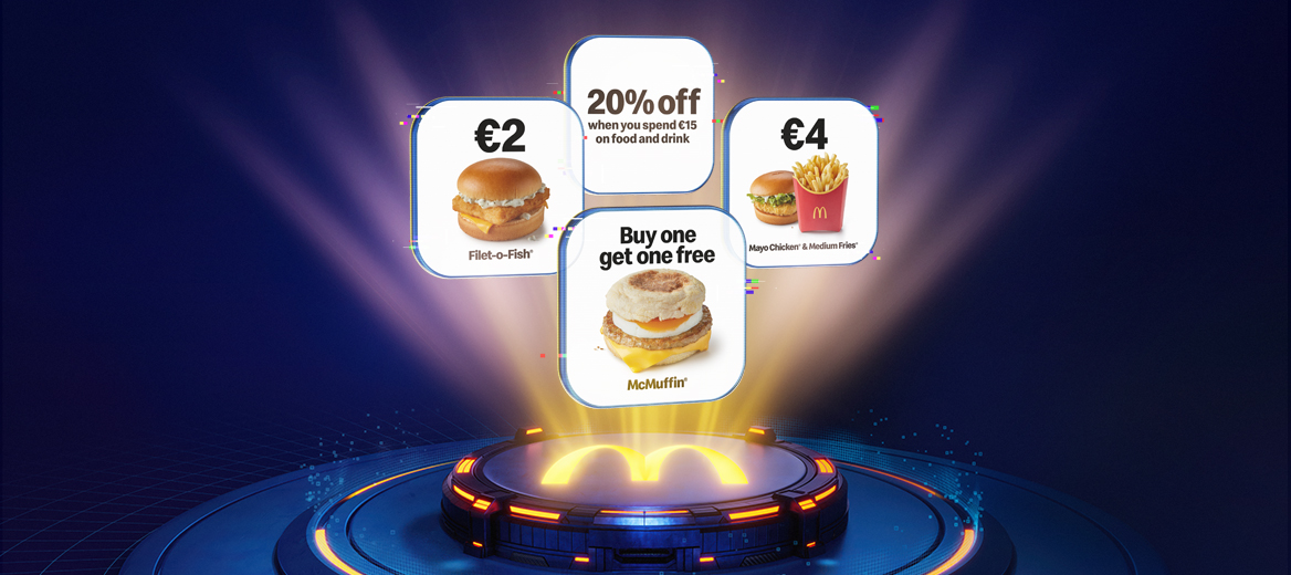 Selection of McDonald's app offers displayed above a glowing McDonald's platform