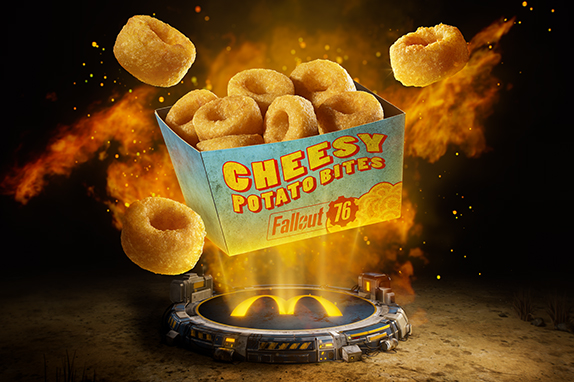 Box of Cheesy Potato Bites branded with Fallout 76 artwork, floating above a glowing McDonald's platform with several potato bites surrounding the pack against a dramatic fiery background.
