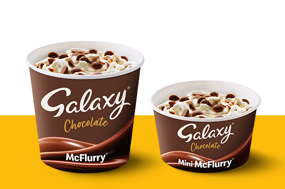 Regular and Mini Galaxy Chocolate McFlurry on a yellow platform and white background