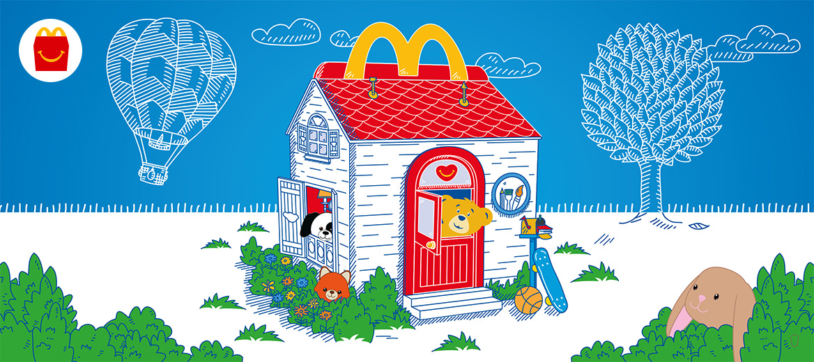Build-A-Bear in a Happy Meal box style house, with a blue sky background with illustrated air balloons and a white floor
