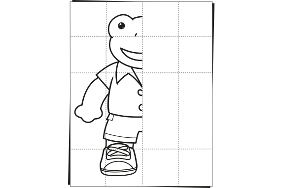 Black and white frog illustration on a grid background  