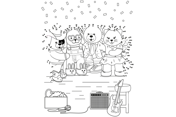 Black and white illustrated Build-A-Bear teddy bears with music instruments 