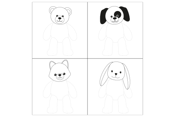 Black and white illustrated Build-A-Bear teddy bear heads 