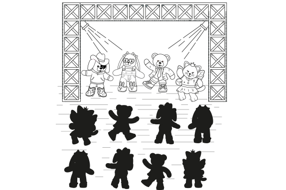 Black and white illustrated Build-A-Bear teddy bears on a stage with spotlights 