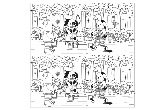 Black and white illustrated spot the difference game comparing two similar illustrations  