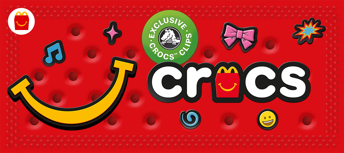 McDonald's and Crocs collaboration graphic on a red Crocs-inspired background with colourful Crocs charms.