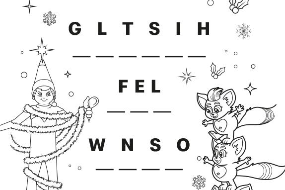 Holiday word scramble page with an elf wrapped in garland and two playful creatures among snowflakes.