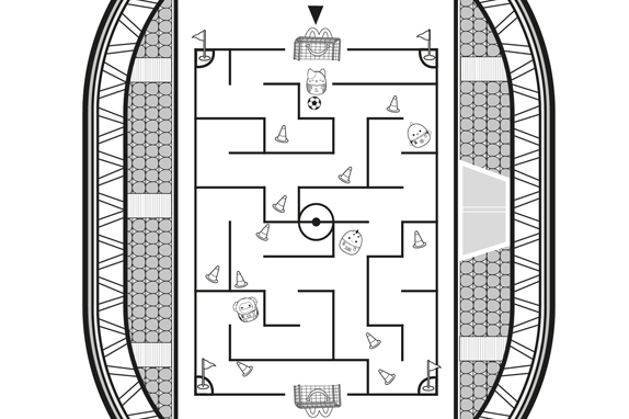Black and white football-themed maze inside a stadium shape, with small players, cones, and two goals at each end.