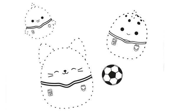 Black and white dot-to-dot activity featuring Squishmallows characters and a football.