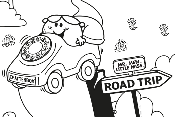 Colour-in activity sheet showing a road trip scene.