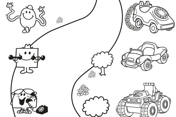  Match-it activity artwork featuring vehicles and characters.