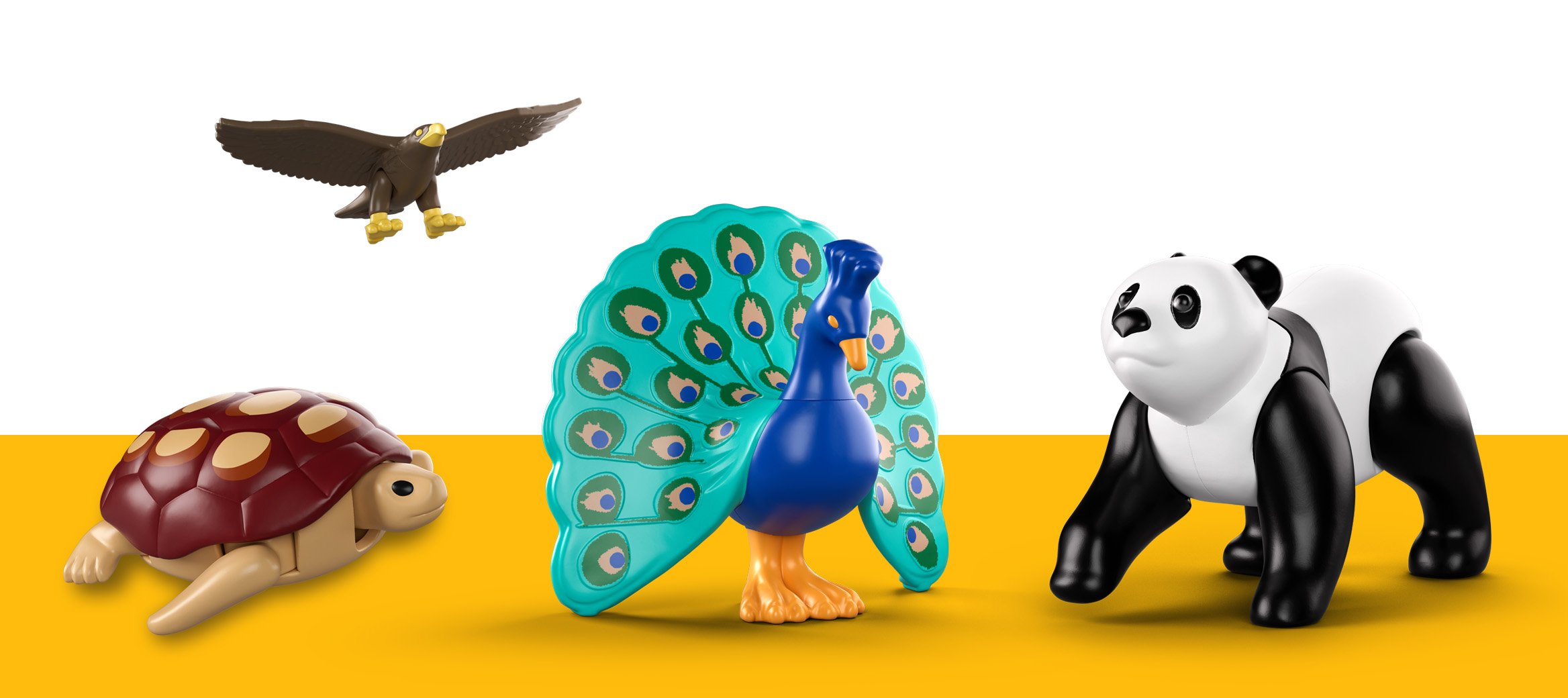 A picture of the peacock, panda, eagle and turtle 3D Playmobil models. 