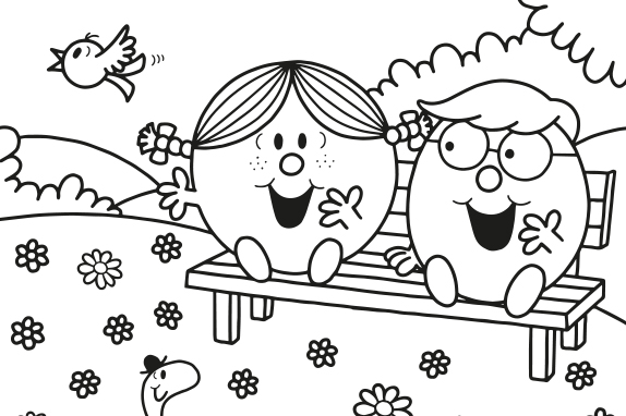 Mr. Men™ Little Miss™ characters sitting on a bench to be coloured in. 