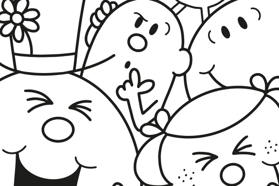 Mr. Men™ Little Miss™ characters bunched up to be coloured in. 
