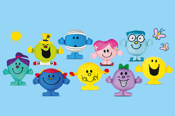 Colourful Mr. Men™ Little Miss™ characters on a blue background with clouds. 
