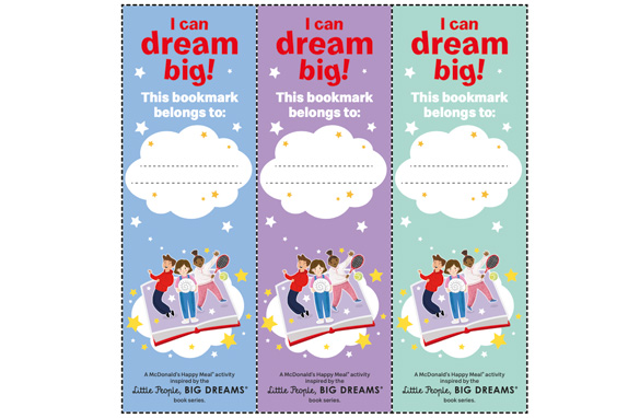 Three bookmarks with drawings of people and stars. 