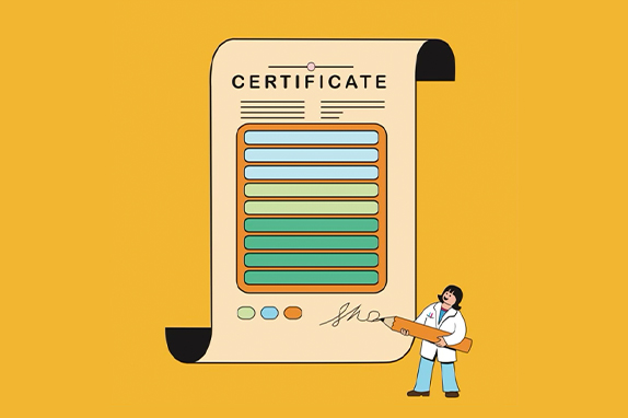 Illustration of a large certificate with colorful horizontal bars and text at the top. At the bottom, a person in a white lab coat is holding an oversized pencil and signing the certificate. The background is solid yellow.