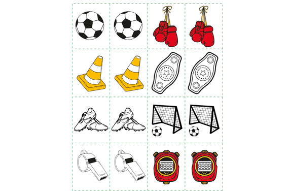 Cards with various sports equipment