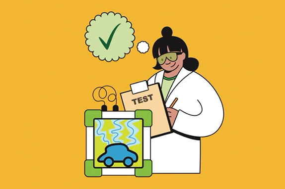 Illustration of a person in a white lab coat holding a clipboard labeled “TEST” and writing notes. Next to them is a small machine with a blue car inside, surrounded by wavy lines suggesting testing. A green checkmark in a thought bubble appears above.