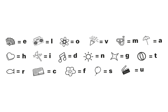 Letters of the alphabet (A-Z) with an icon next to it in black on a white background