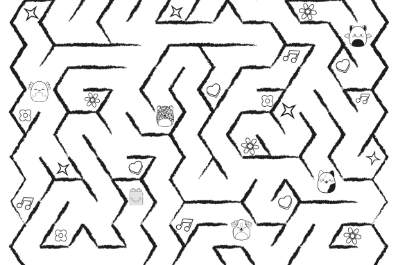 Black and white outline maze with icons inside the maze