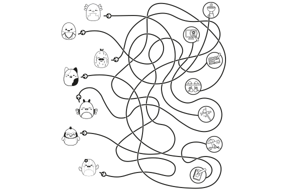 Squishmallows characters with squiggly lines connected 